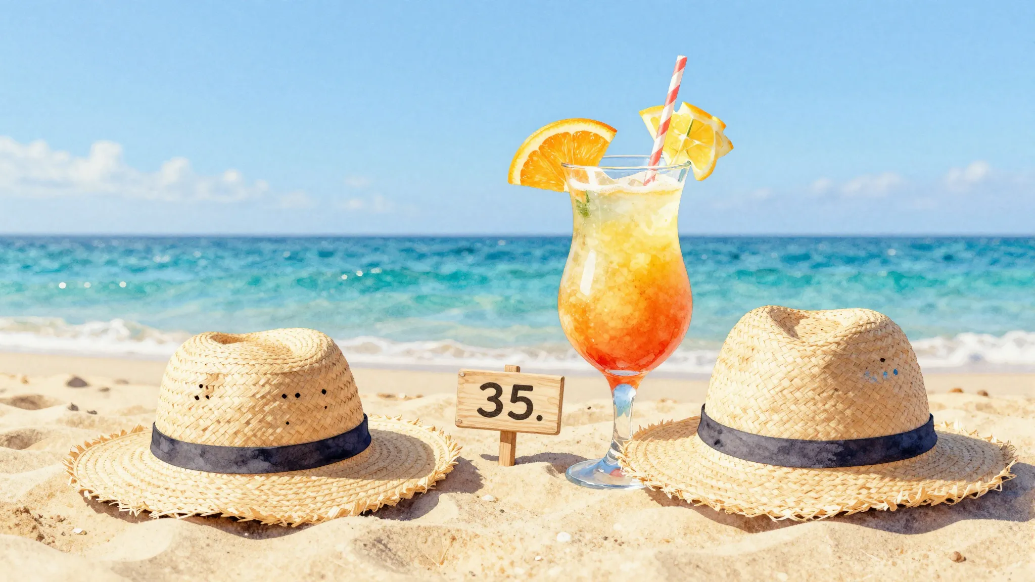 Watercolor style. A vibrant summer beach scene with a turquo...
