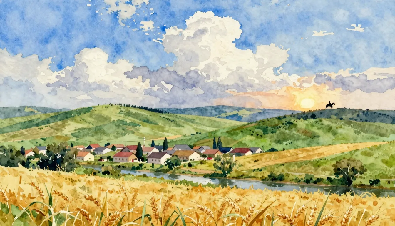 Watercolor style. A serene village landscape in the Kuban re...