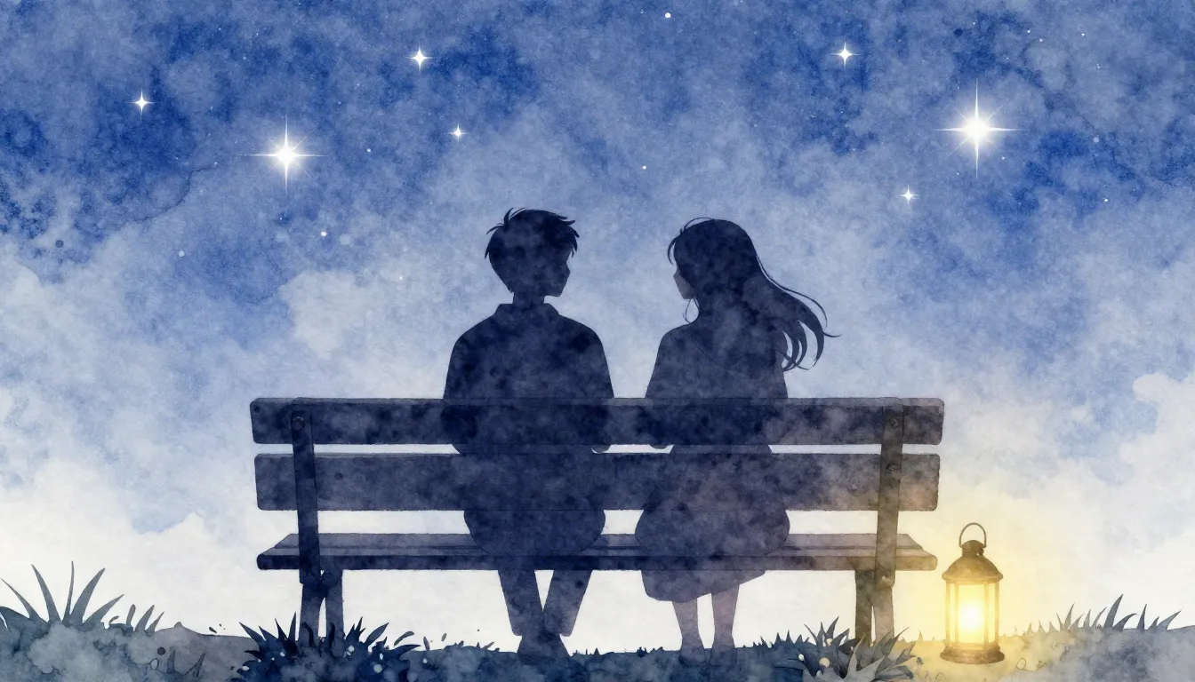 Watercolor style. Silhouette of two friends sitting on a ben...