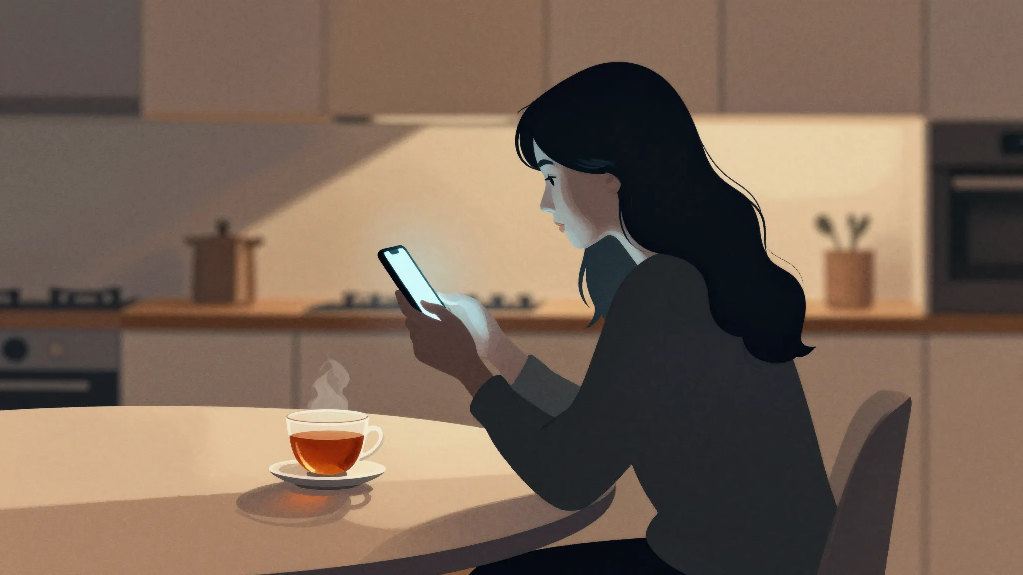 Watercolor style. A silhouette of a woman looking at a glowi...