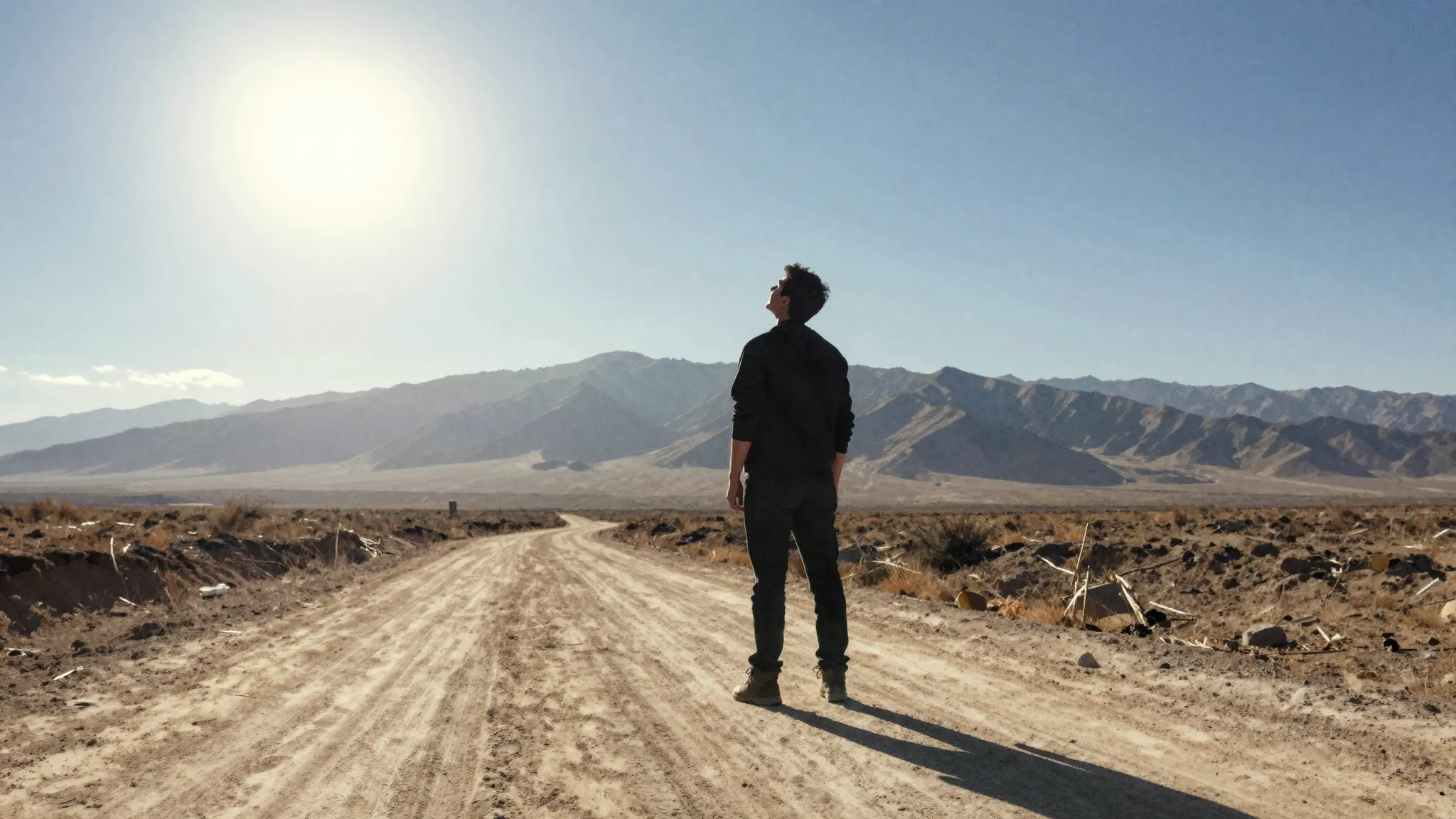 Watercolor style. A silhouette of a person standing on a dus...