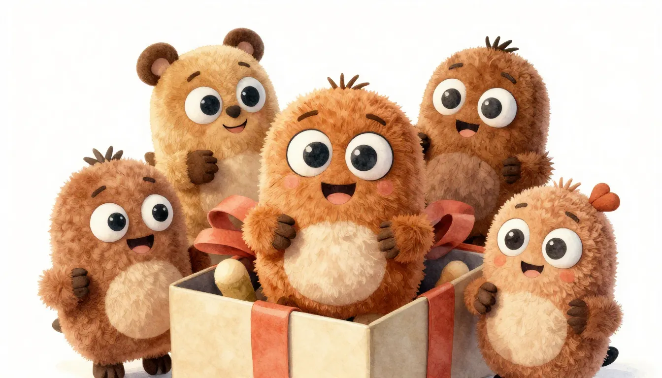 Watercolor style. A collection of various funny brown plush ...