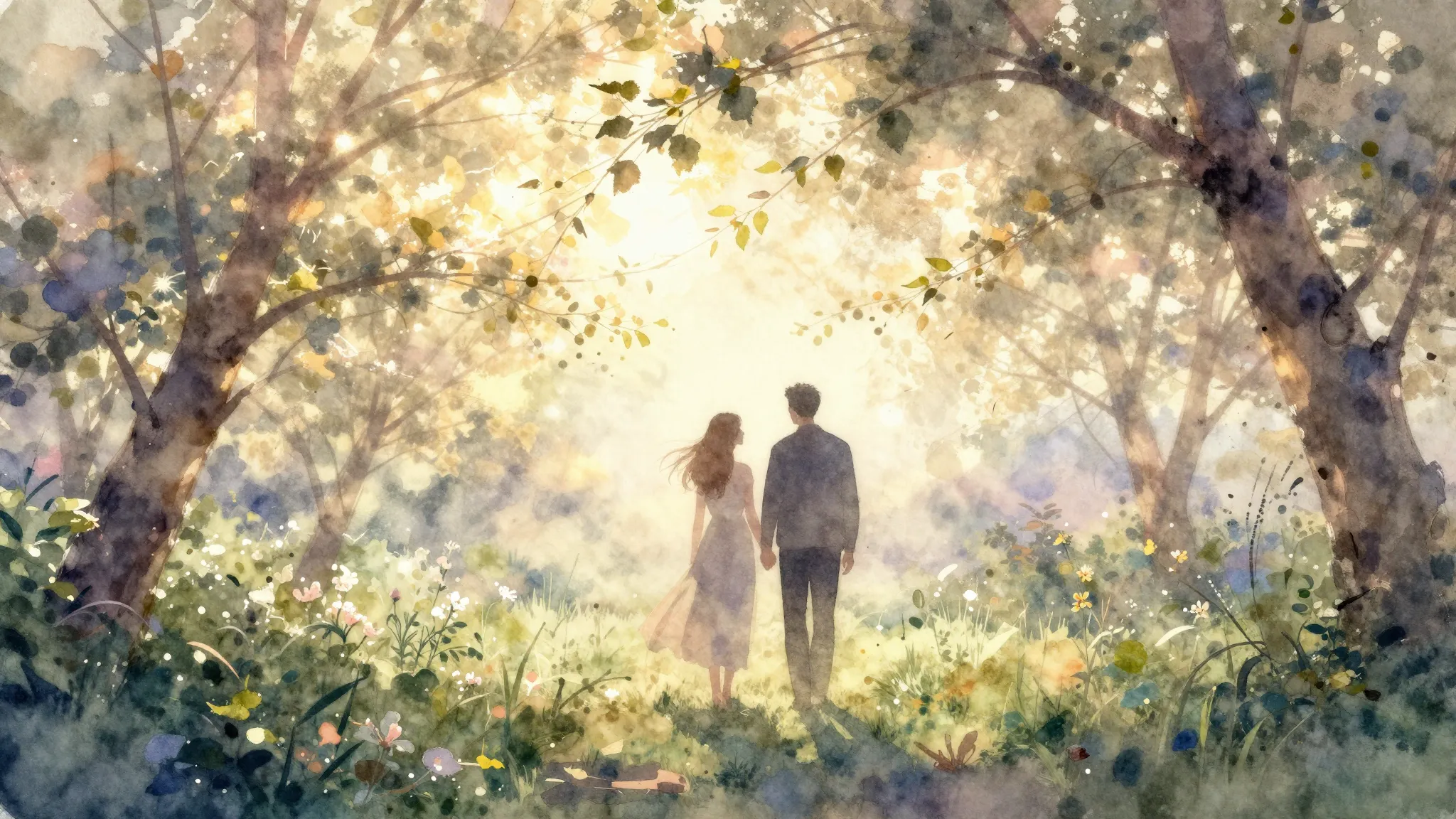Watercolor style. A silhouette of a couple in a blooming gar...