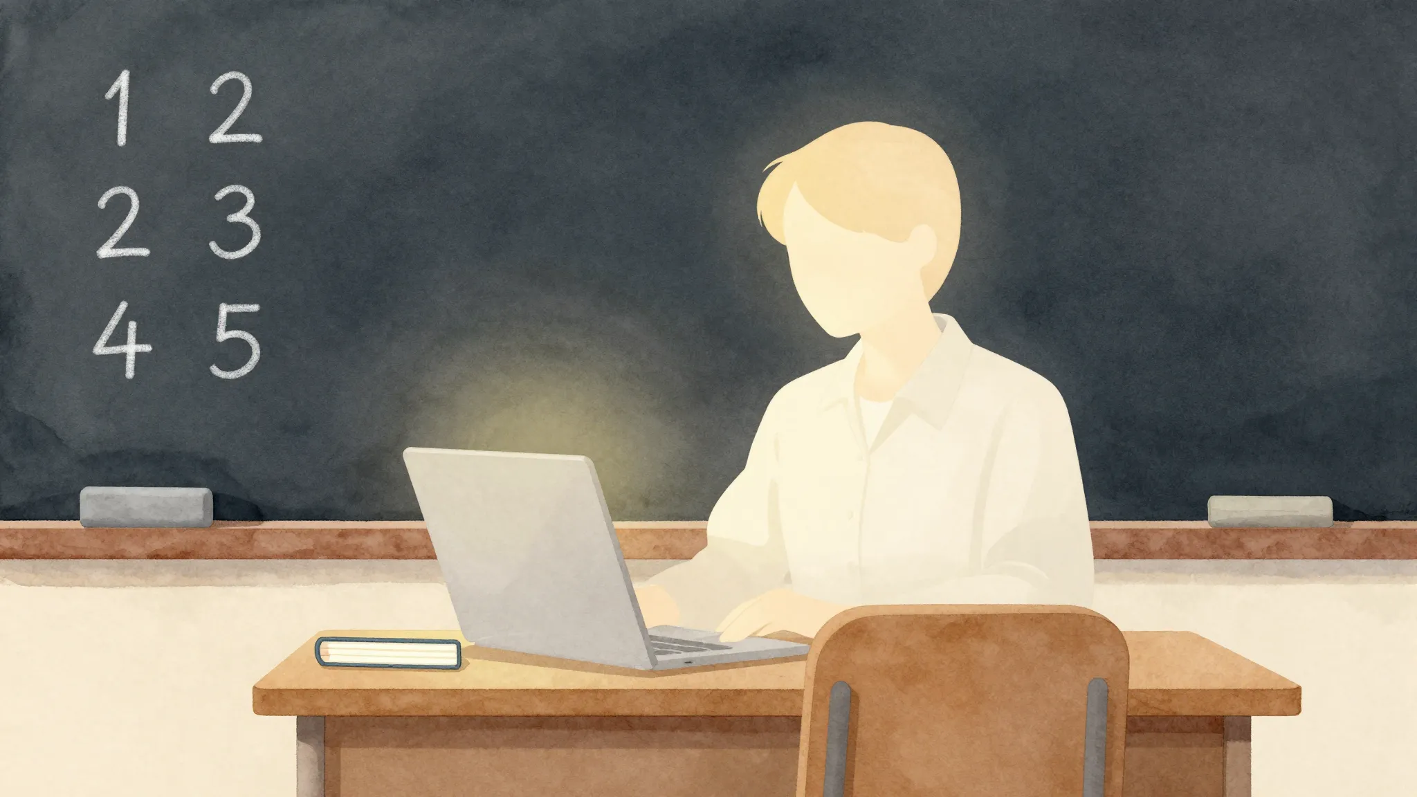 Watercolor style. Silhouette of a teacher sitting at a desk ...