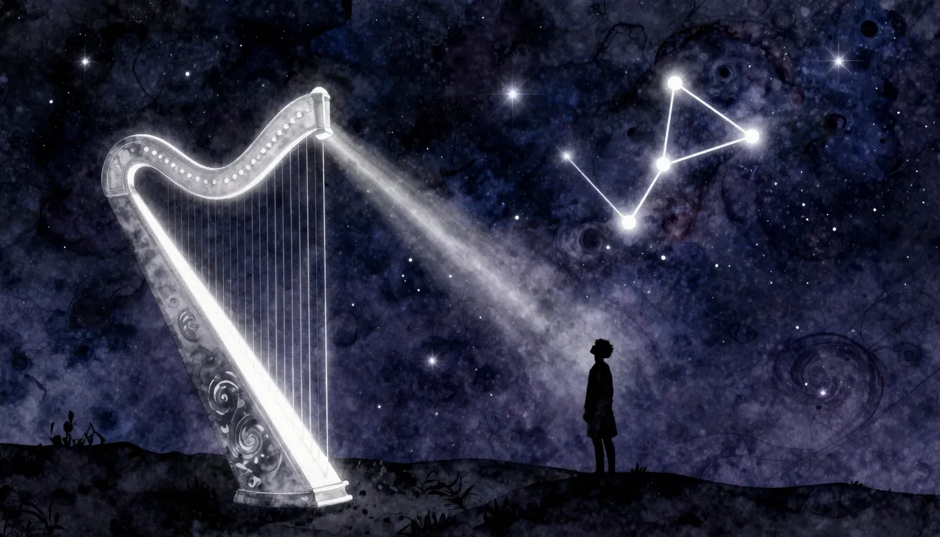 Watercolor style. A glowing lyre constellation in a deep ind...