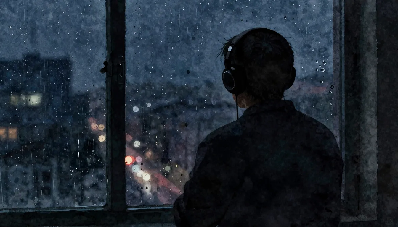 Watercolor style. A dark silhouette of a person wearing head...