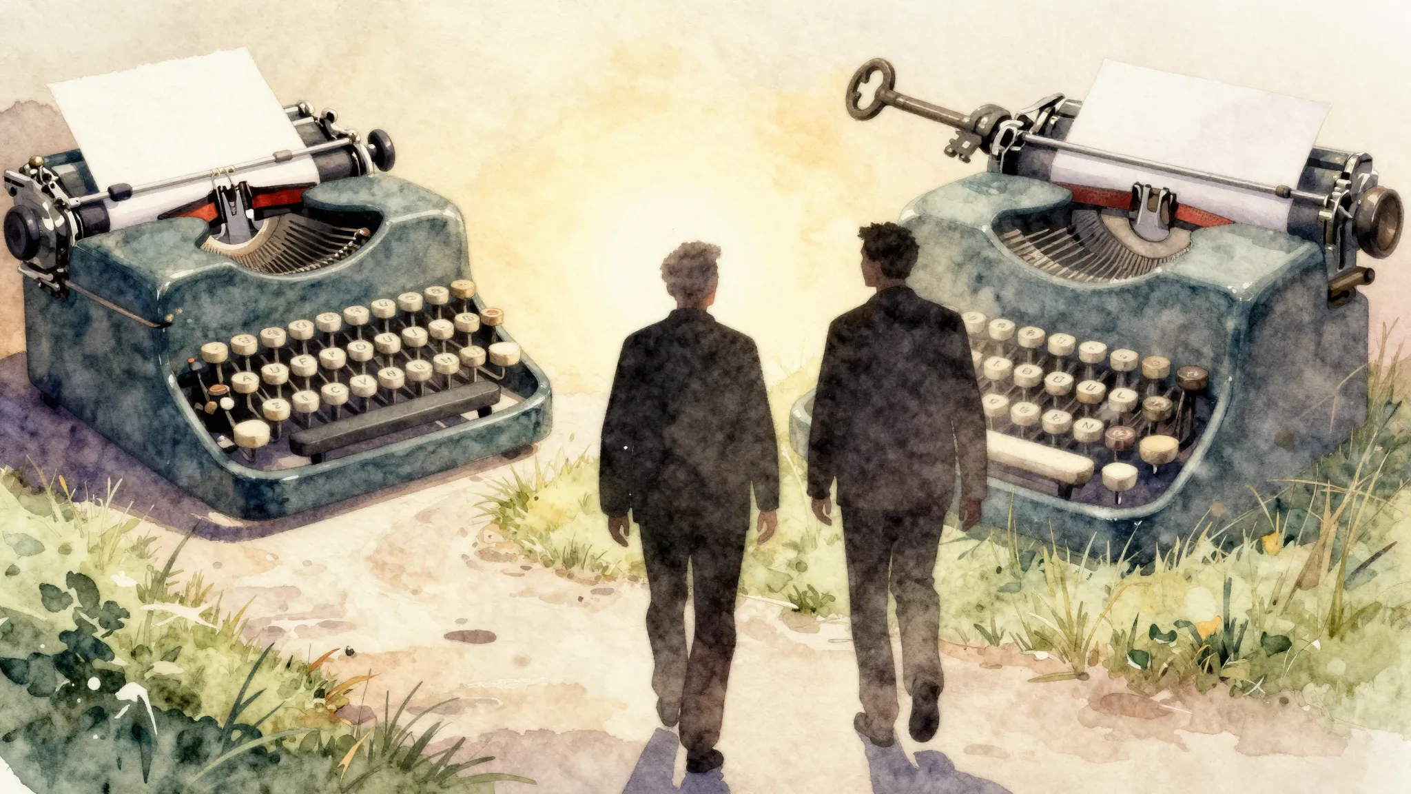 Watercolor style. A silhouette of two men, one older and one...