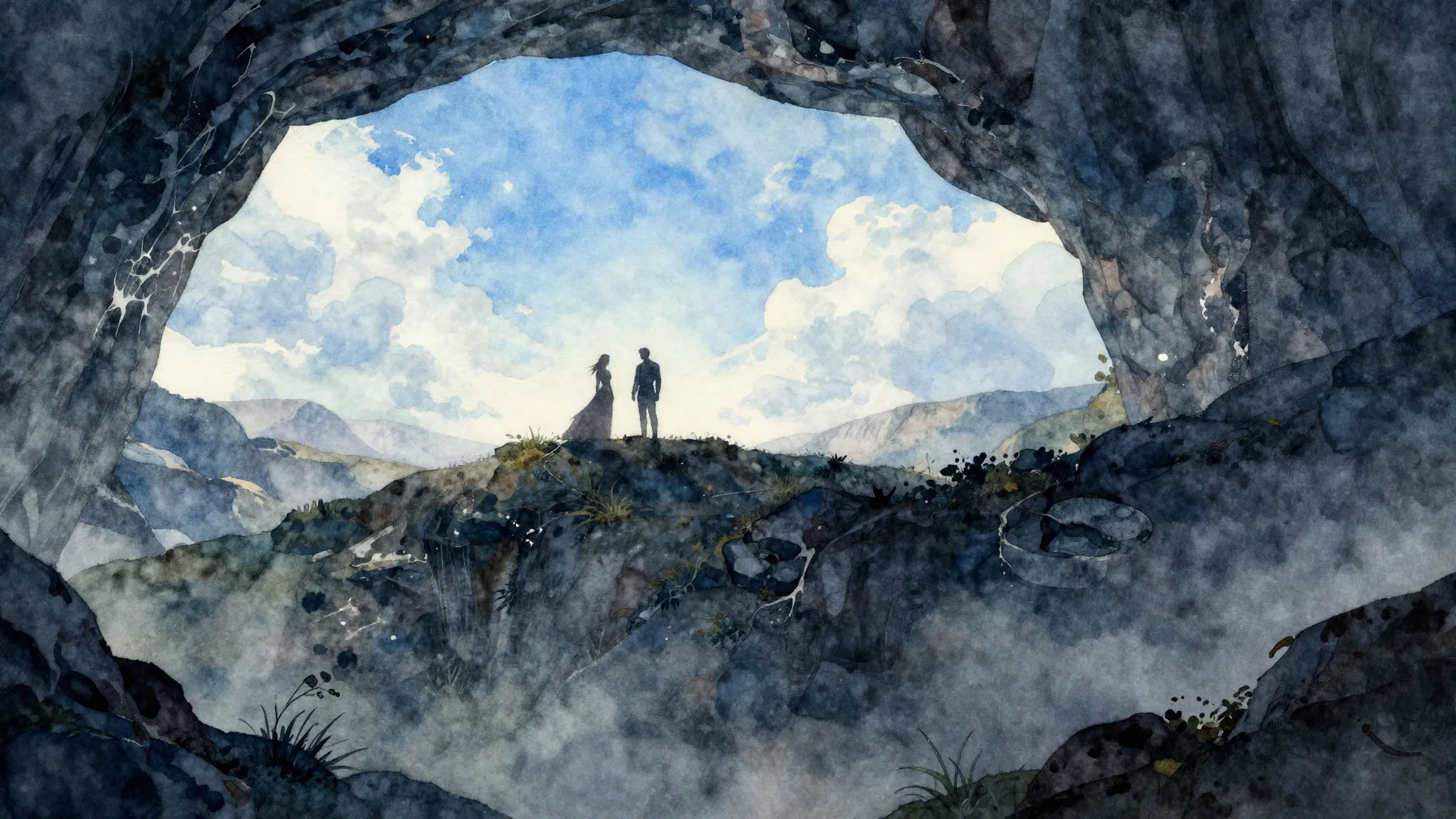 Watercolor style. Epic fantasy landscape, bright blue sky ab...