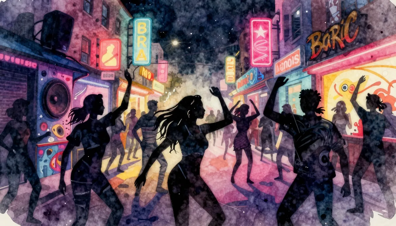 Vibrant watercolor style. Dynamic street party scene, deep b...