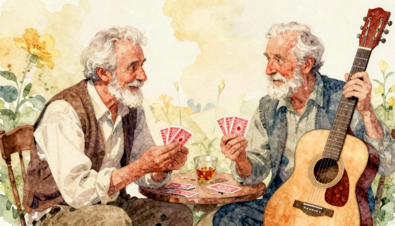 Vibrant watercolor style. Folk song album cover: two old fri...