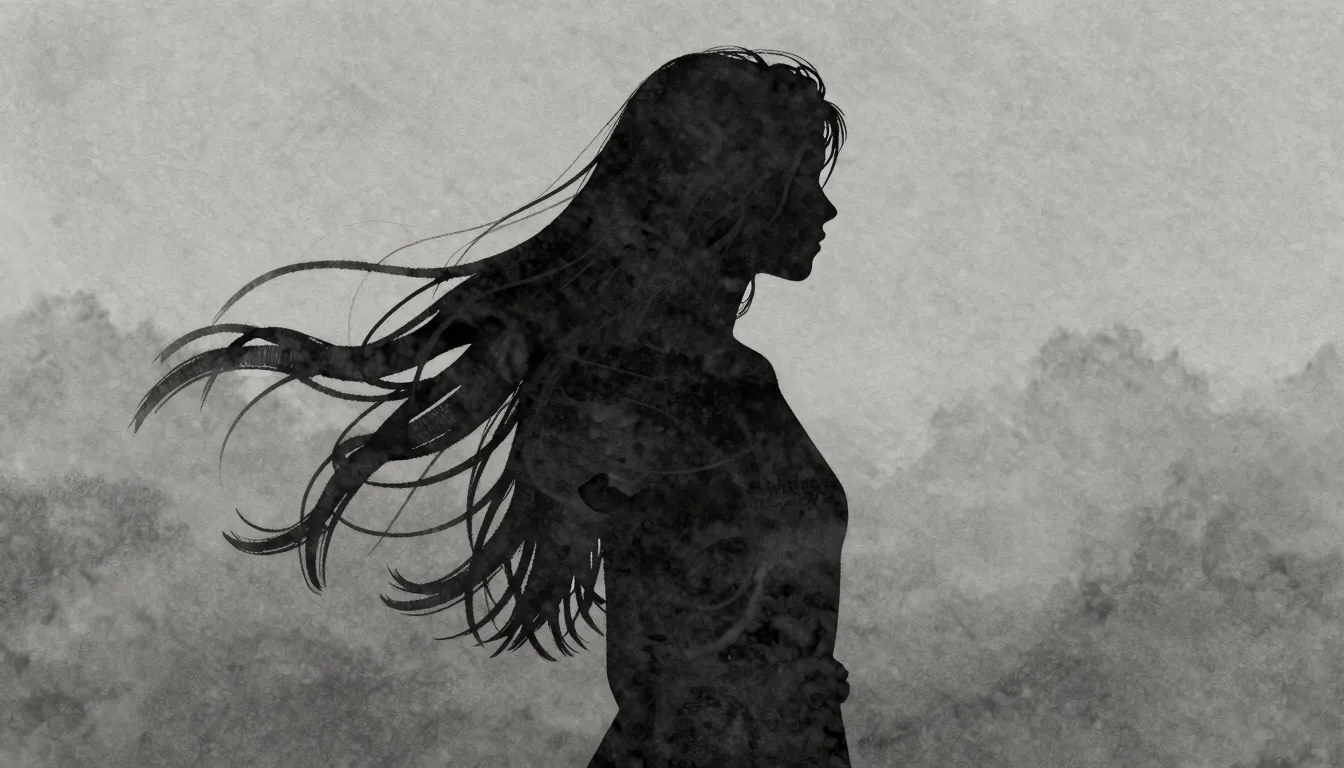 Watercolor style. A dark silhouette of a woman with long flo...