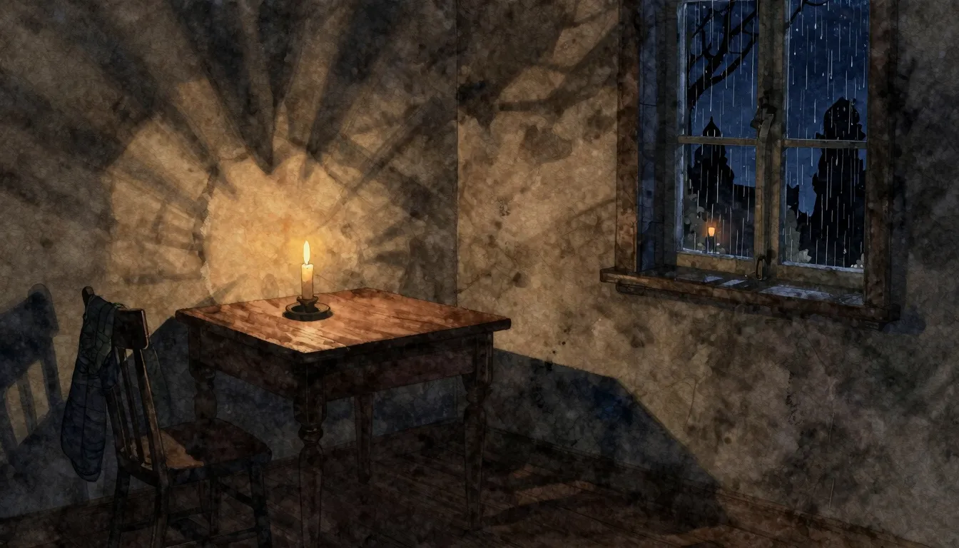 Watercolor style. A dark, rustic room at night, a single can...