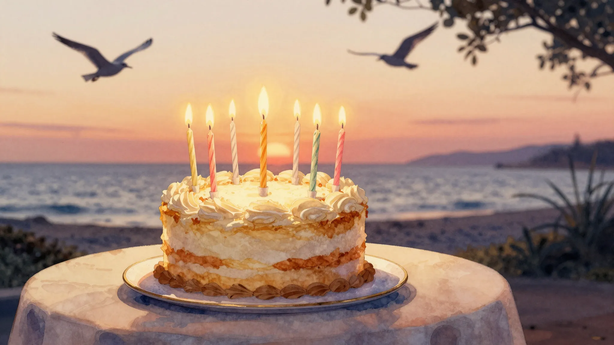 Watercolor style. A beautiful birthday cake with 11 candles ...