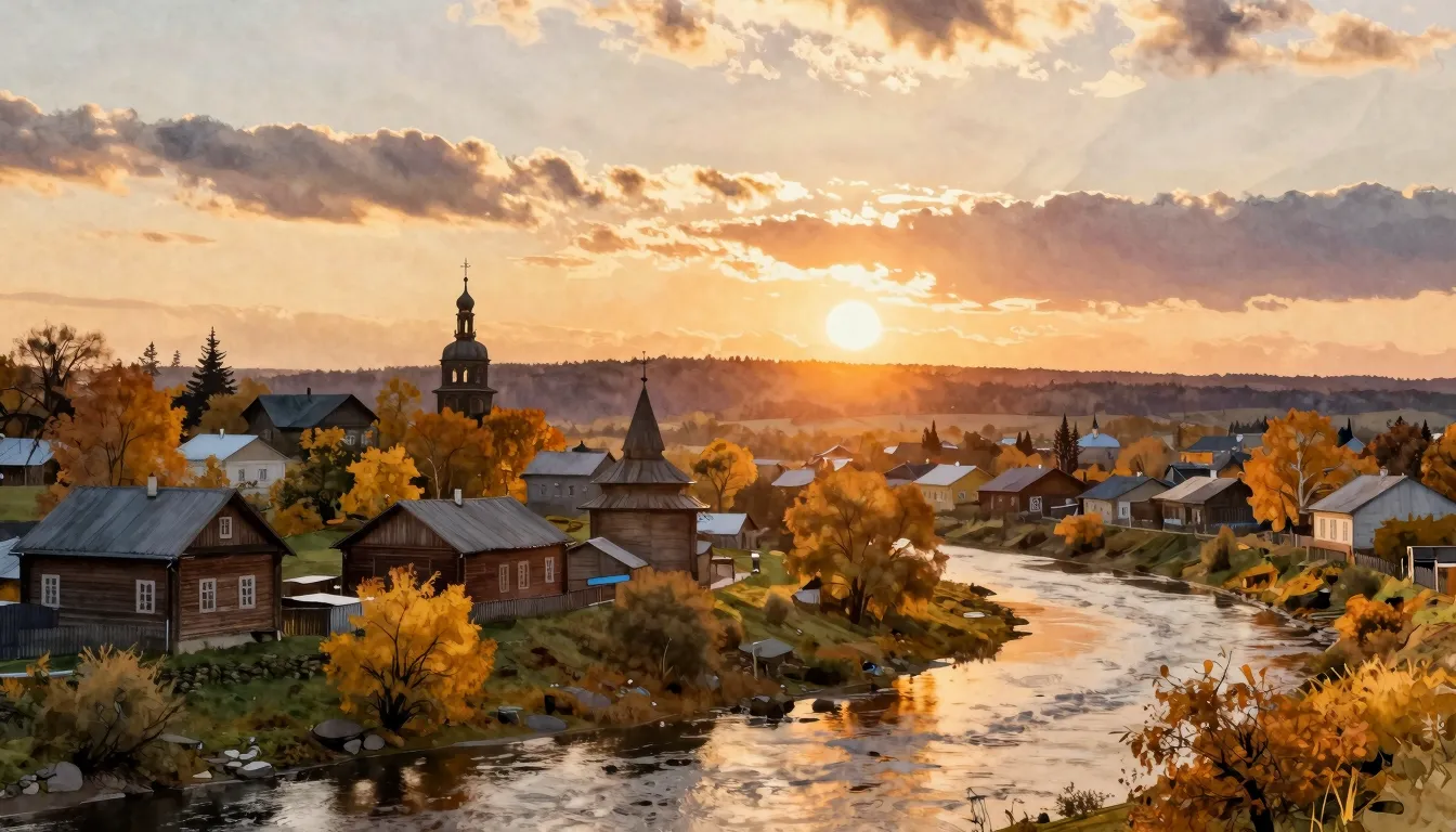 Watercolor style. A nostalgic landscape of a small Russian t...