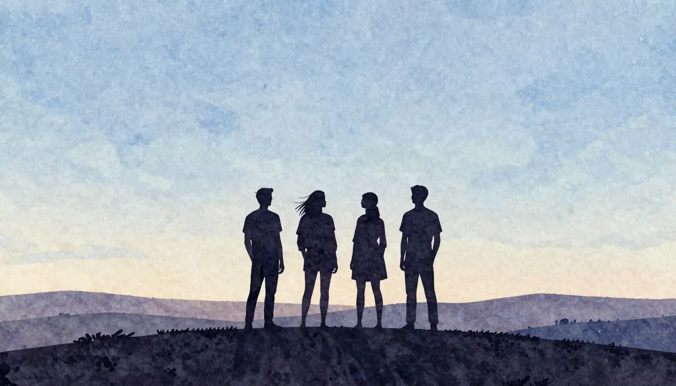 Watercolor style. Silhouettes of four diverse individuals st...