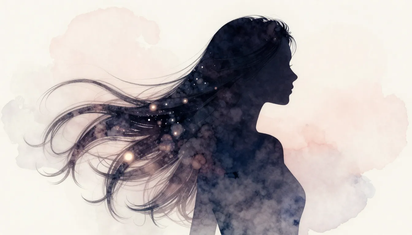 Watercolor style. Silhouette of a woman with long flowing sh...