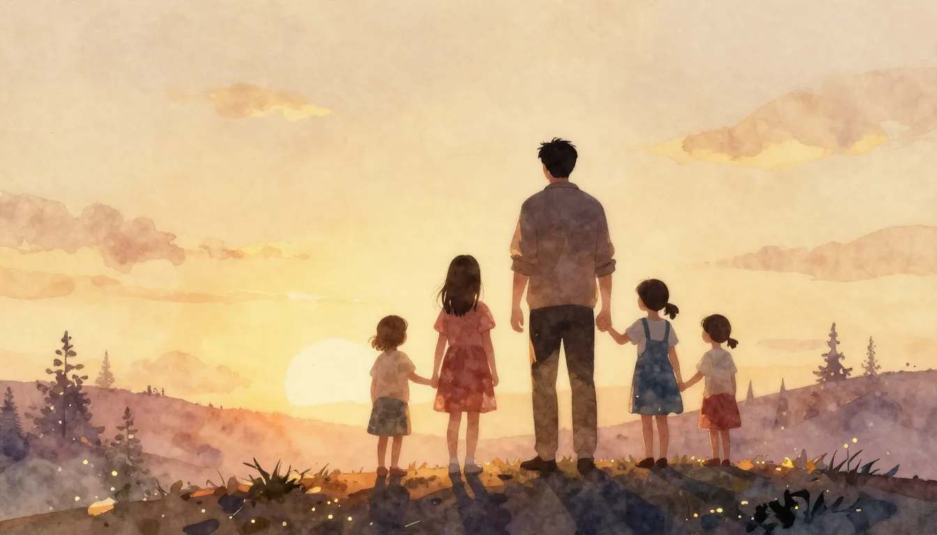 Watercolor style. A warm silhouette of a father and four dau...