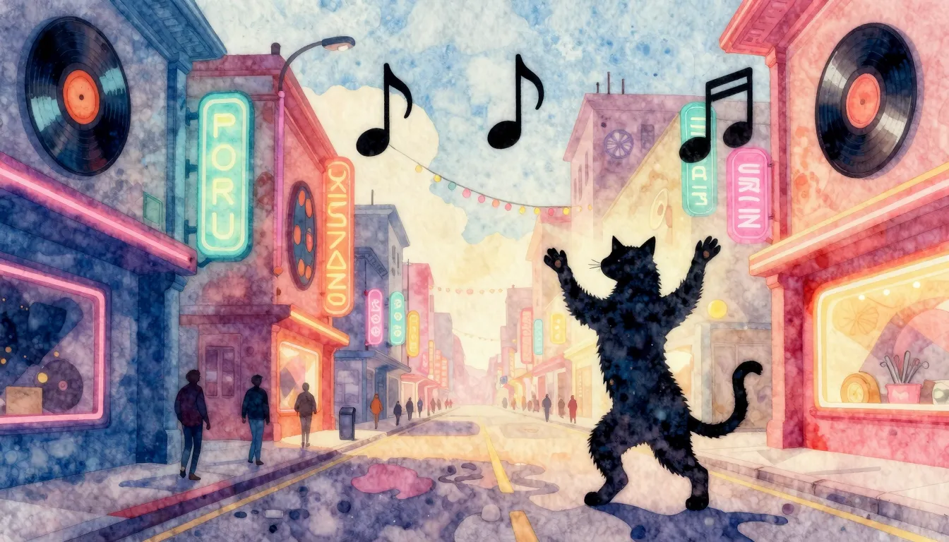 Watercolor style. A bright funky city street with musical no...