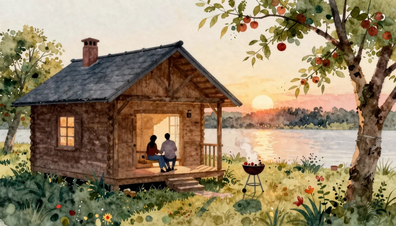 Watercolor style. A small wooden dacha house at sunset, silh...
