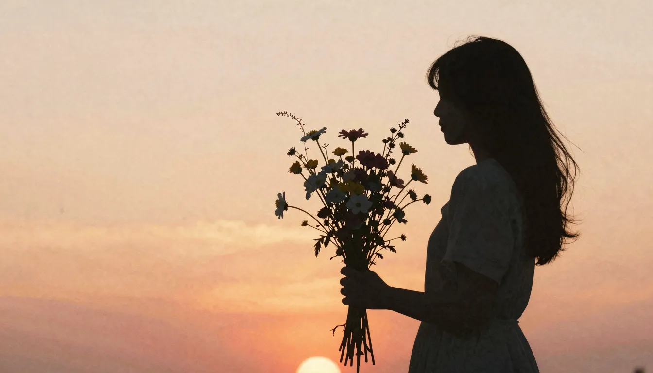 Watercolor style. Silhouette of a person holding a bouquet o...