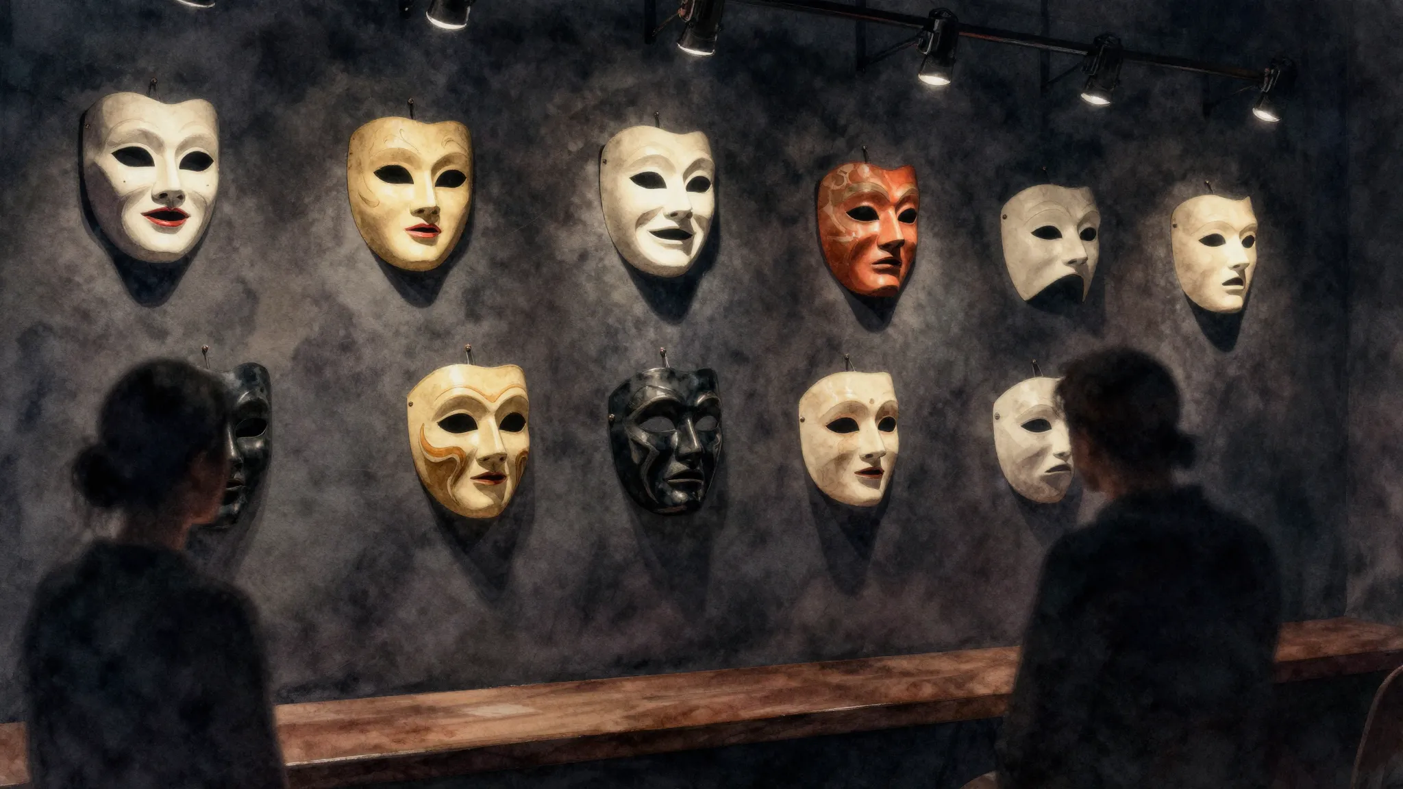 Watercolor style. A dark, mysterious dressing room with ten ...