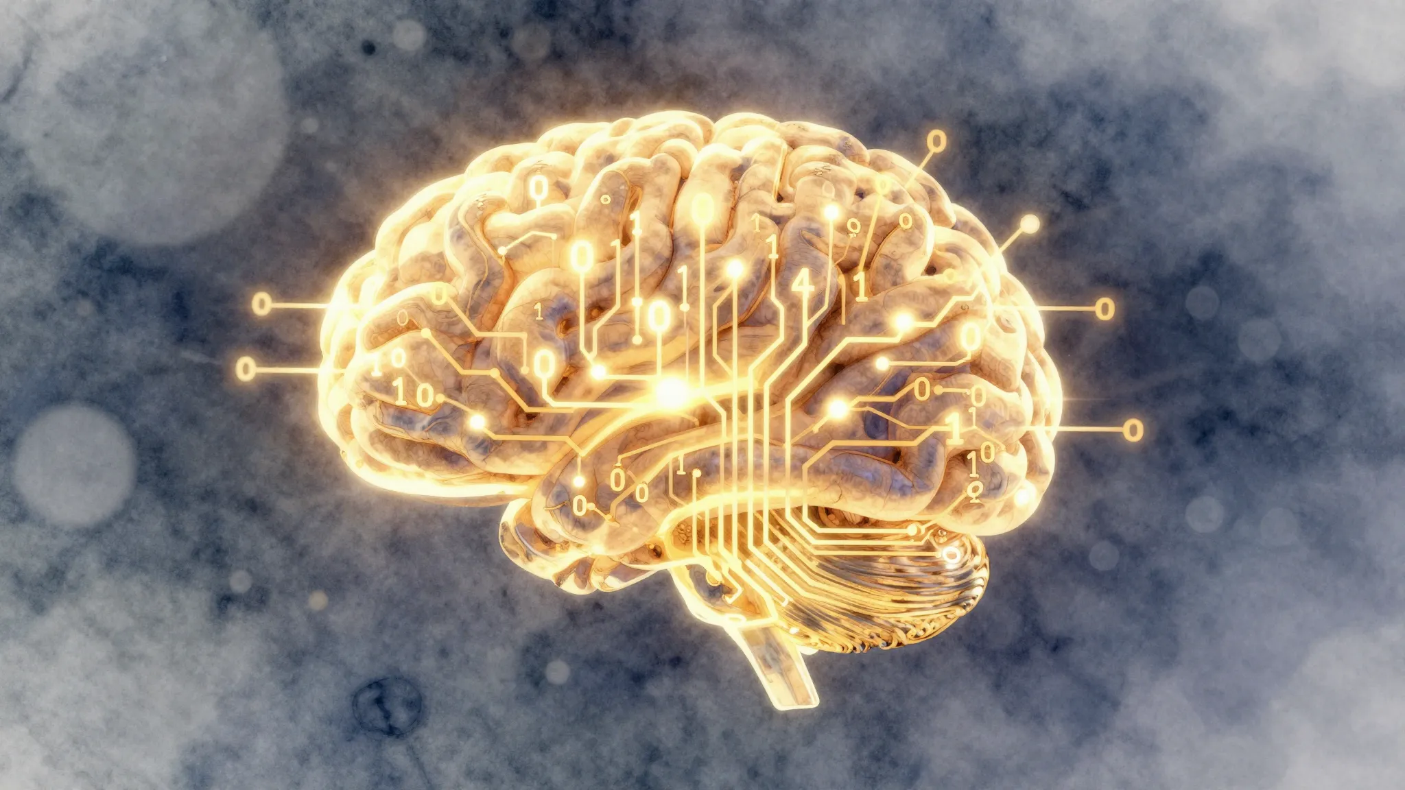 Watercolor style. A glowing digital brain made of golden cir...