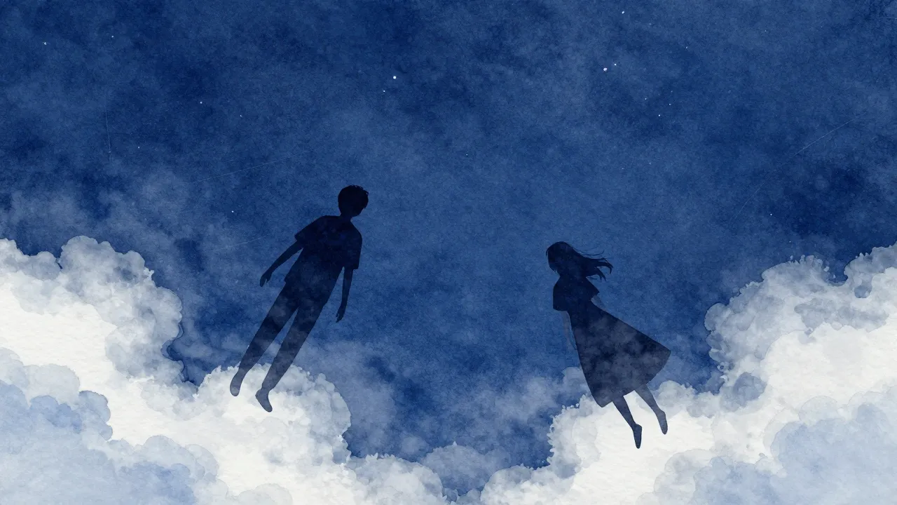 Watercolor style. Two dark silhouettes of a couple floating ...