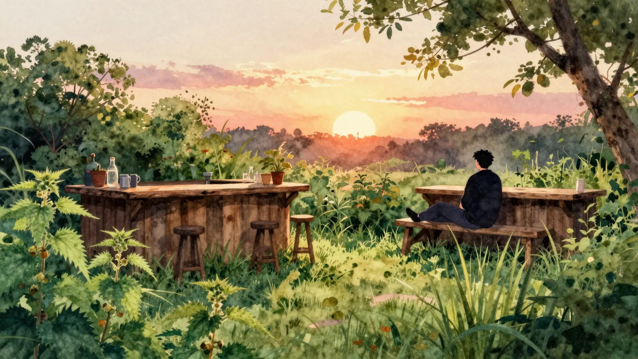 Watercolor style. A silhouette of a person chilling near a r...