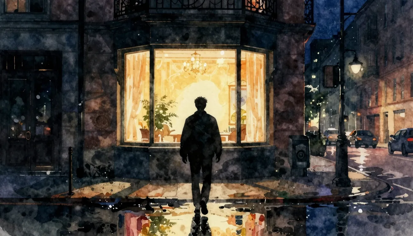 Watercolor style. A silhouette of a man walking away from a ...