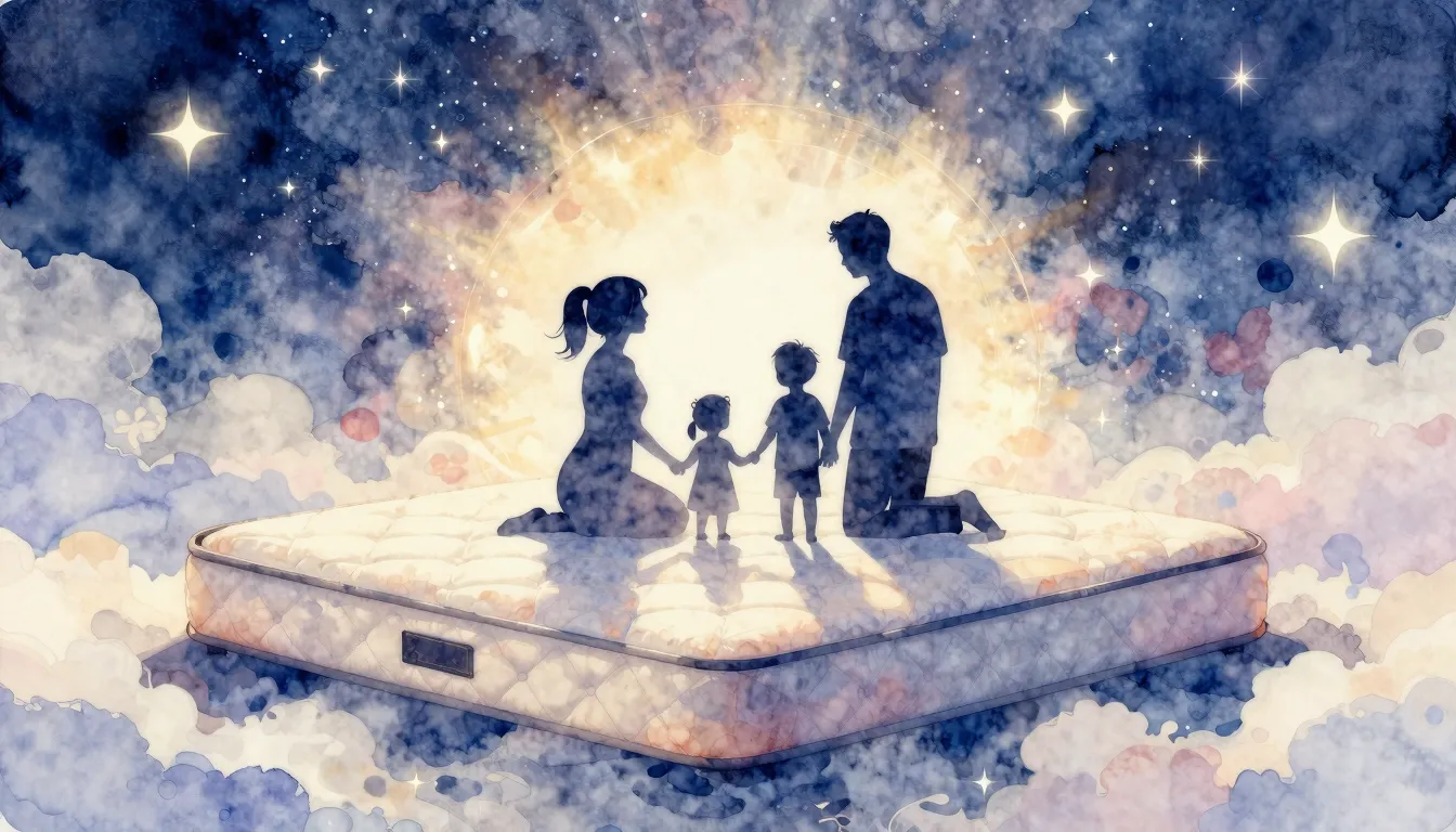 Watercolor style. A stylized silhouette of a family on a lar...