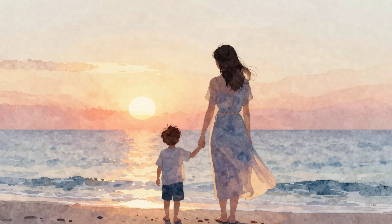 Watercolor style. A gentle silhouette of a mother holding he...