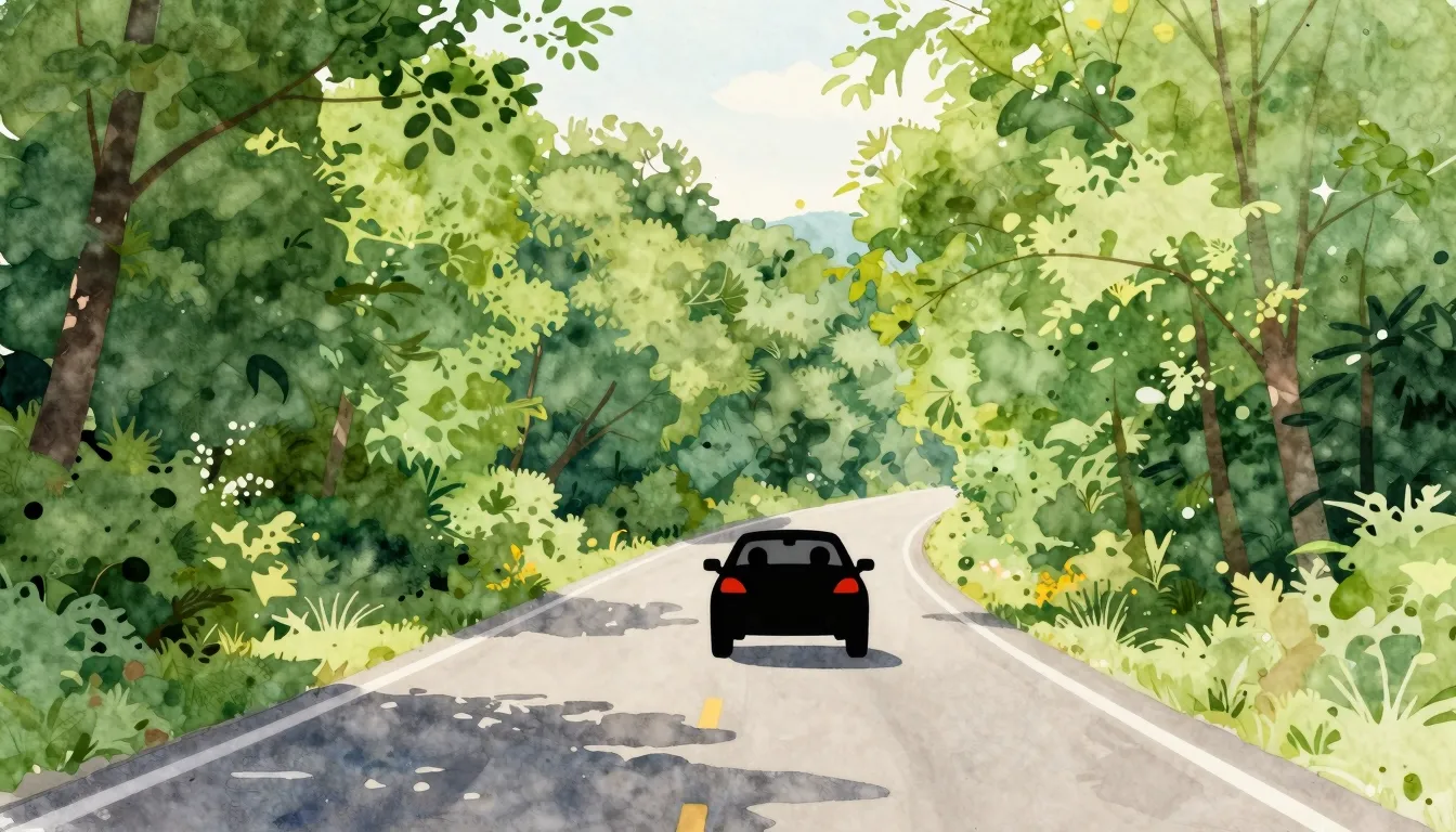Watercolor style. A silhouette of a family car driving on a ...