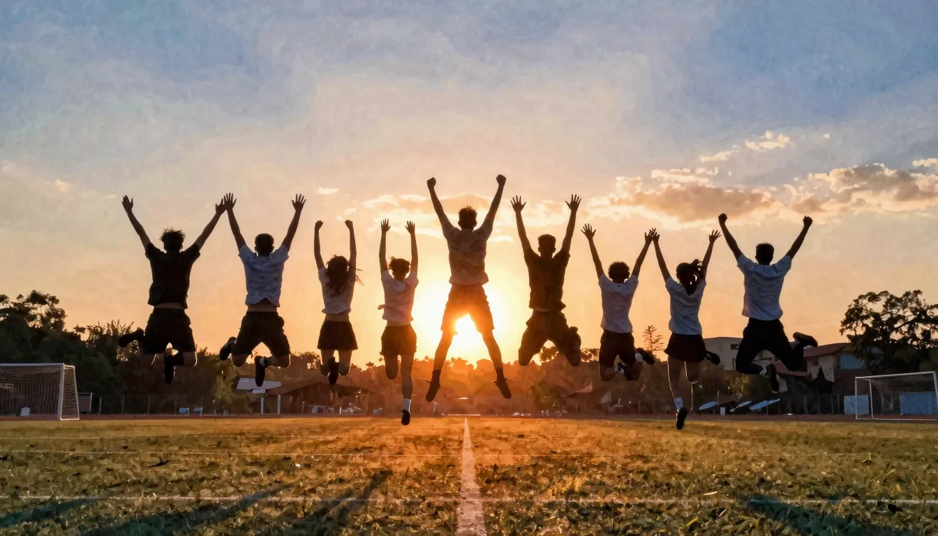 Watercolor style. Silhouettes of a group of people jumping i...