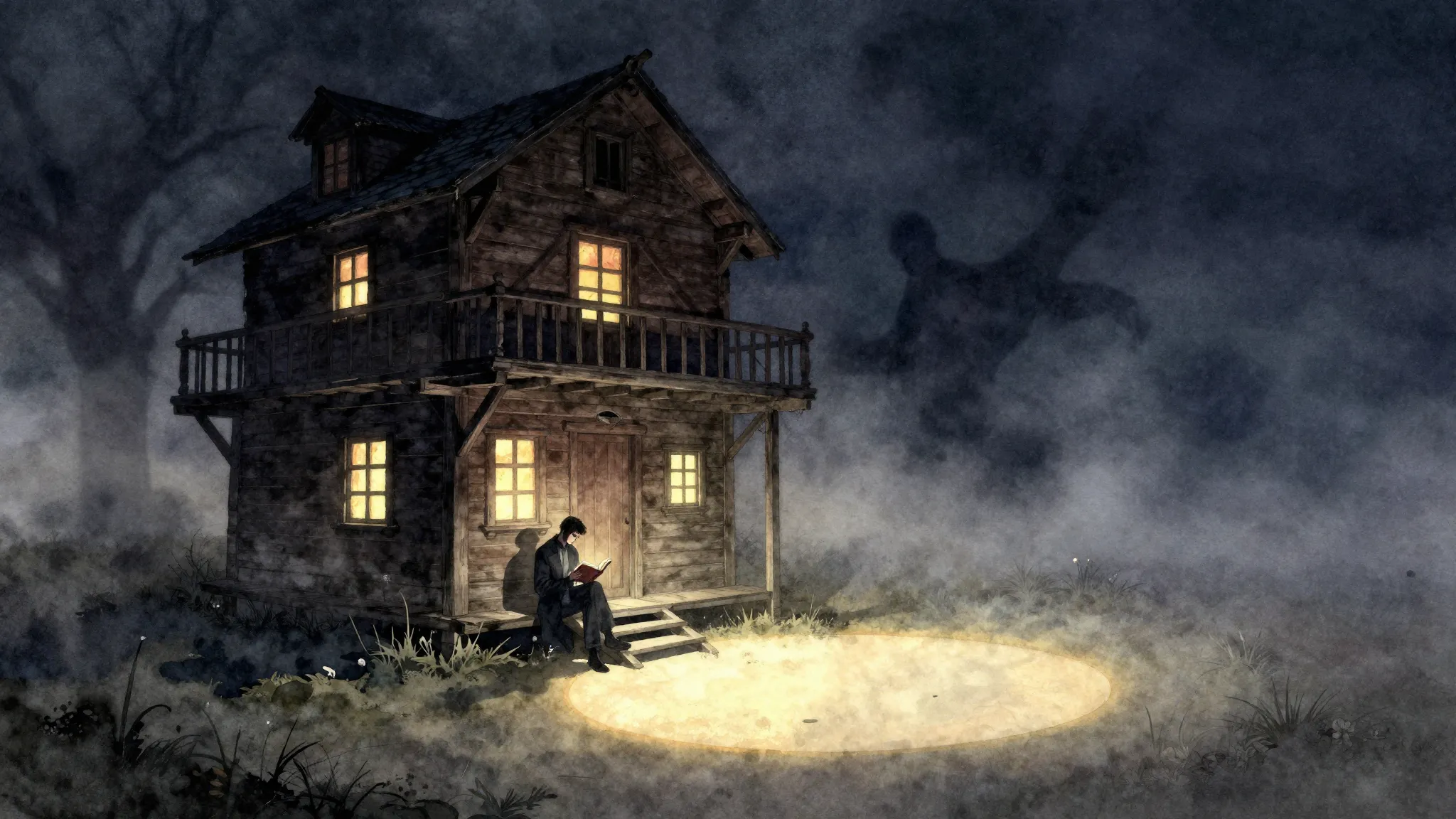 Watercolor style. Dark old wooden building at night, glowing...