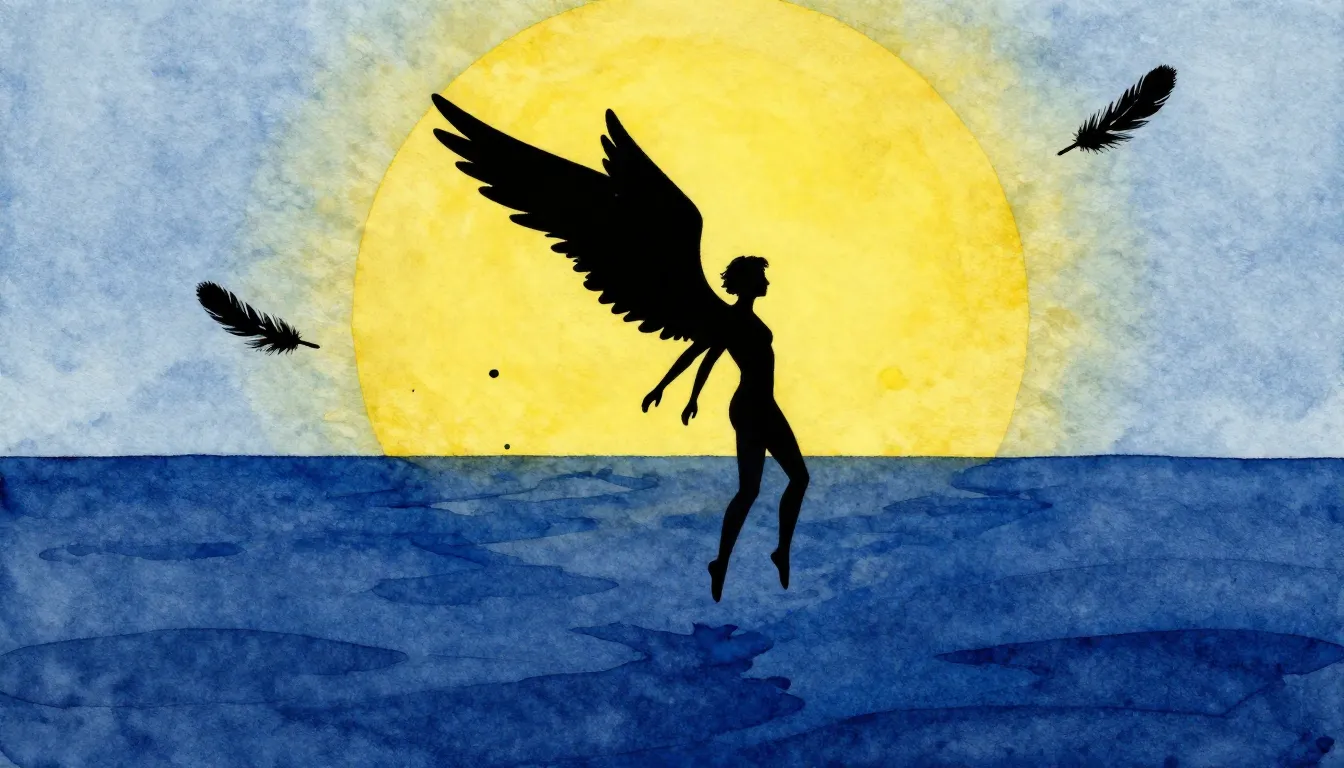 Watercolor style. Silhouette of a winged figure falling from...