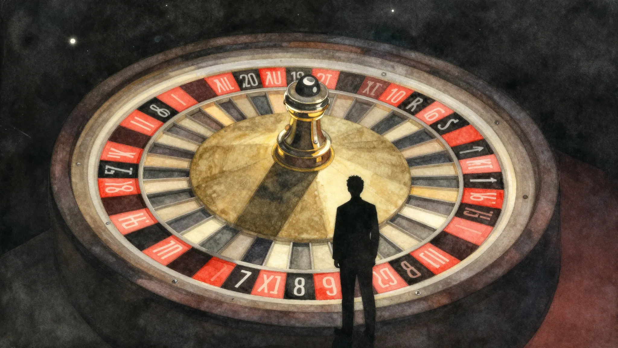 Watercolor style. A giant glowing roulette wheel in a dark s...