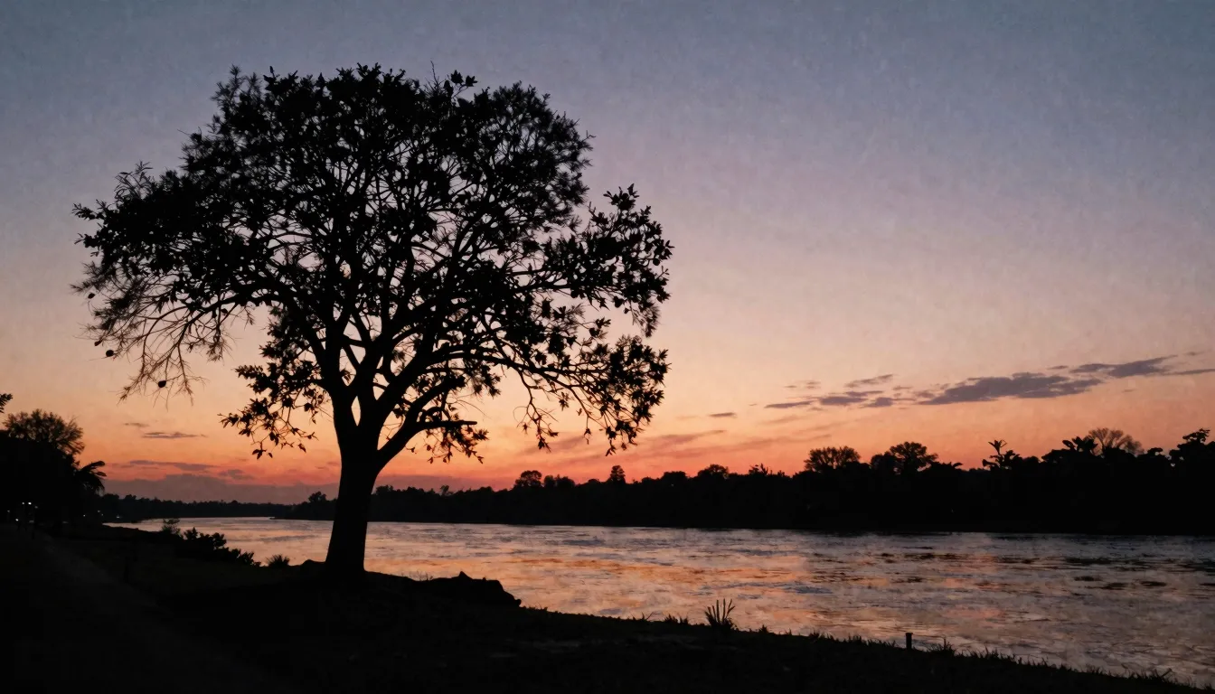 Watercolor style. Silhouette of a lonely tree near a river, ...