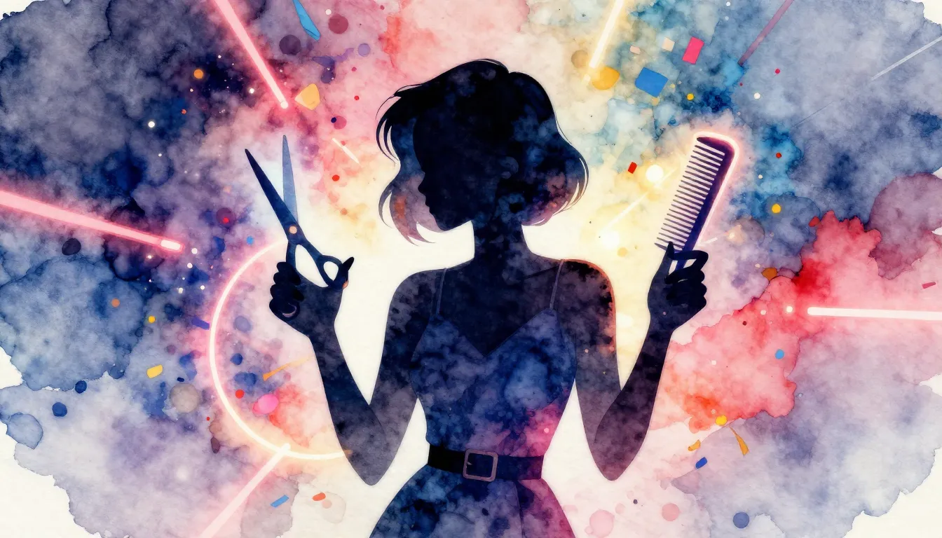 Watercolor style. A silhouette of a stylish woman holding sc...