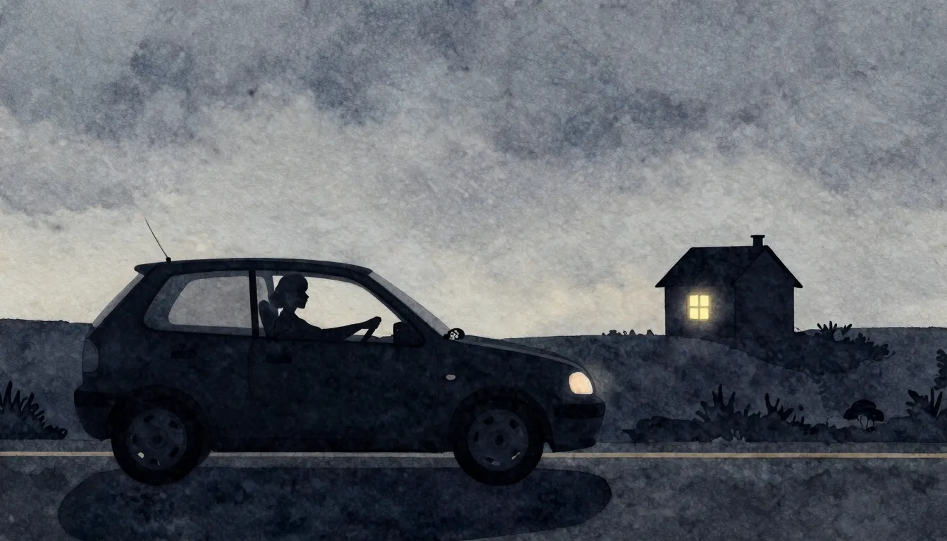 Watercolor style. Silhouette of a woman driving a car on a d...