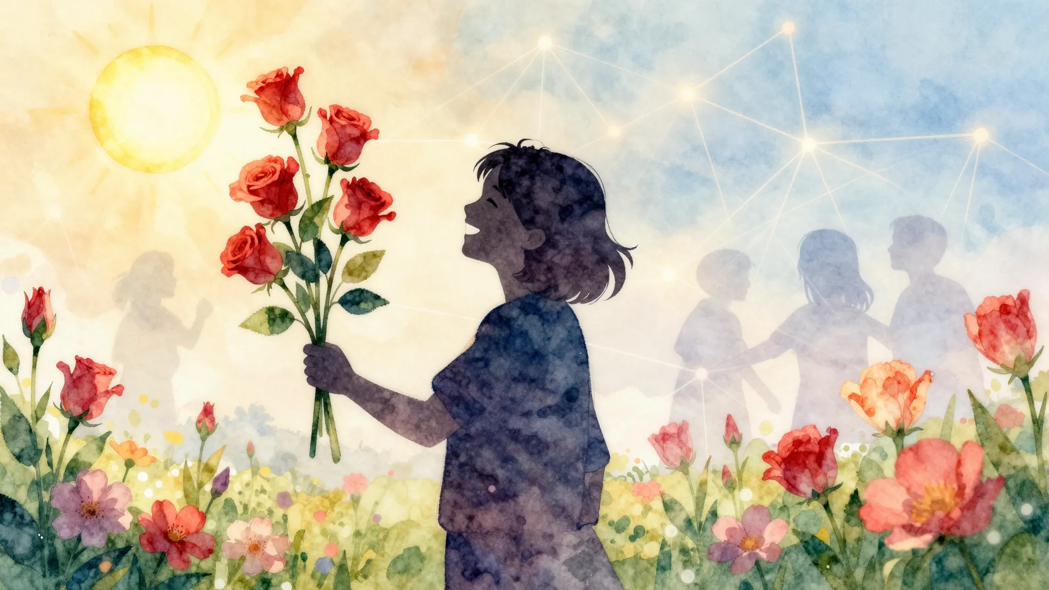 Watercolor style. Silhouette of a happy person holding 7 ros...