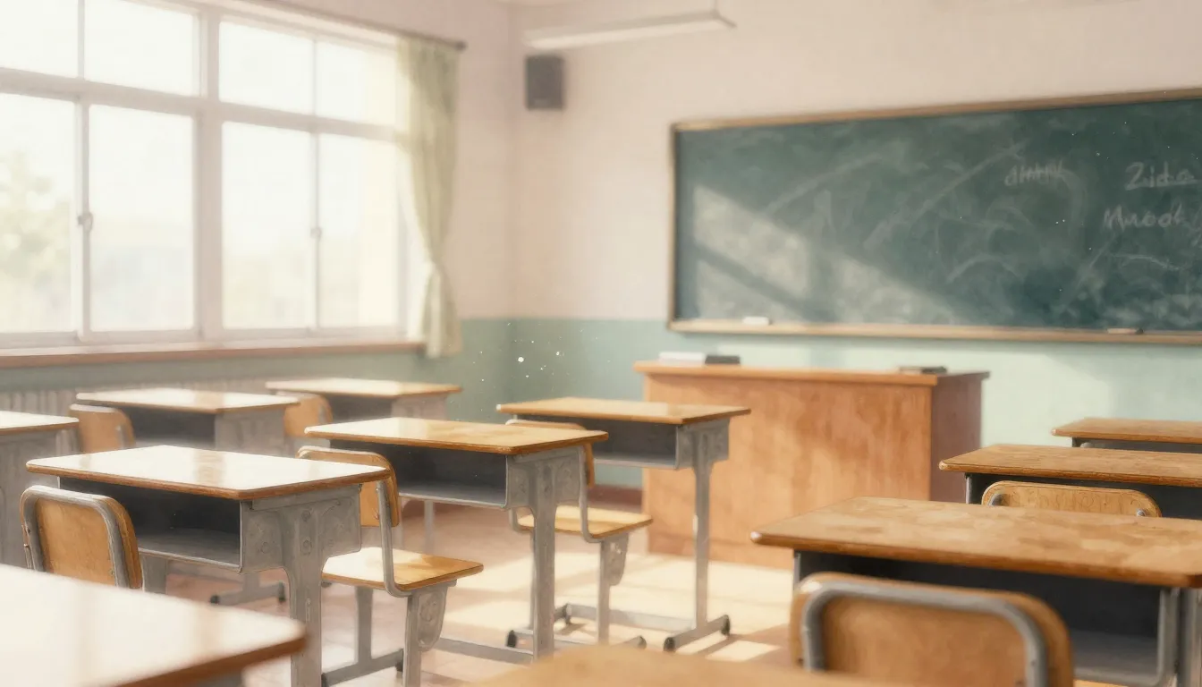 Watercolor style. Empty bright school classroom with wooden ...