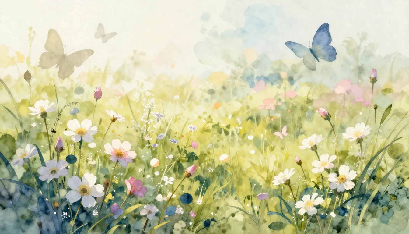 Watercolor style. Spring flowers blooming in a sunny meadow,...