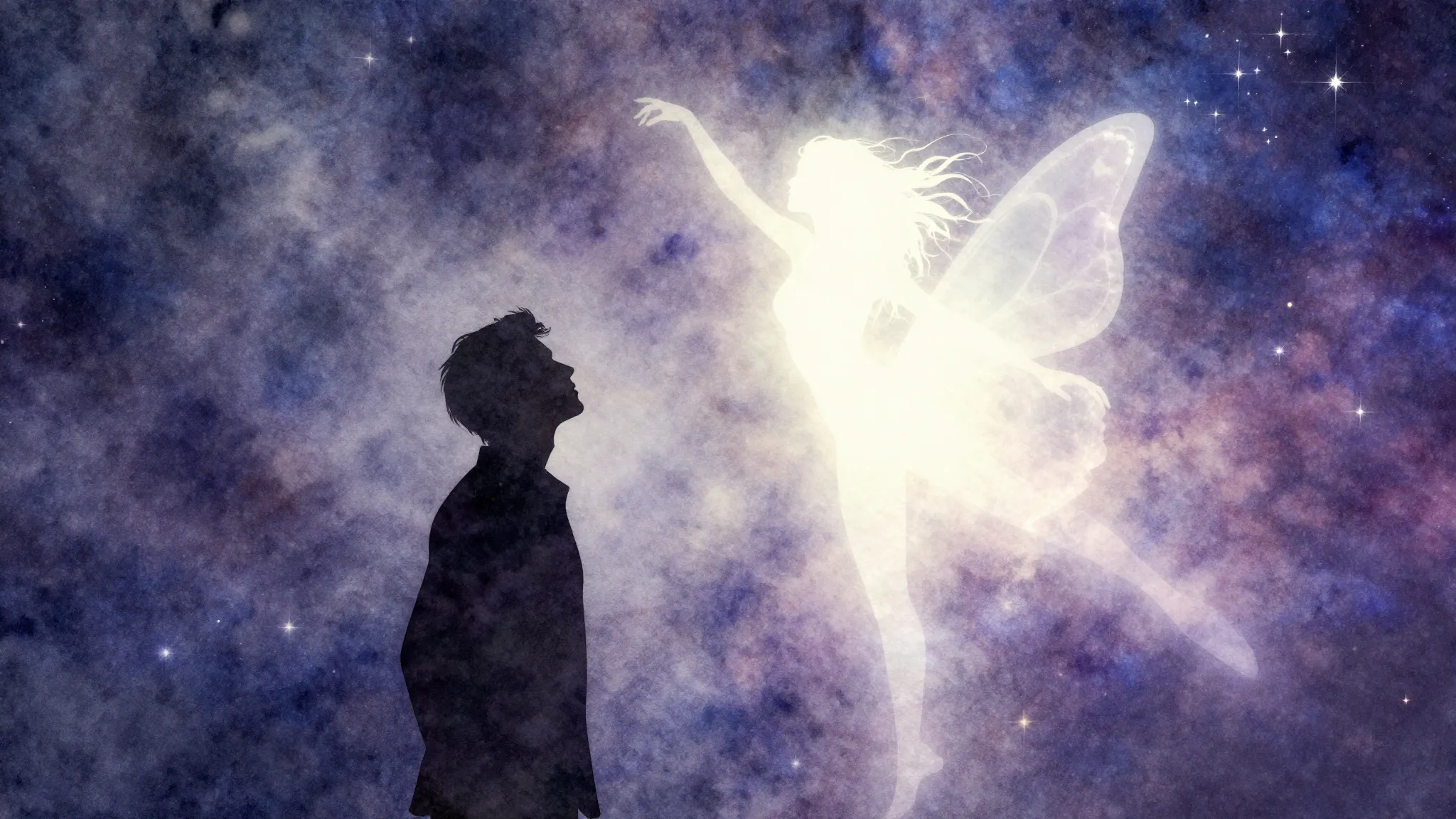 Watercolor style. A dark silhouette of a man looking at a gl...