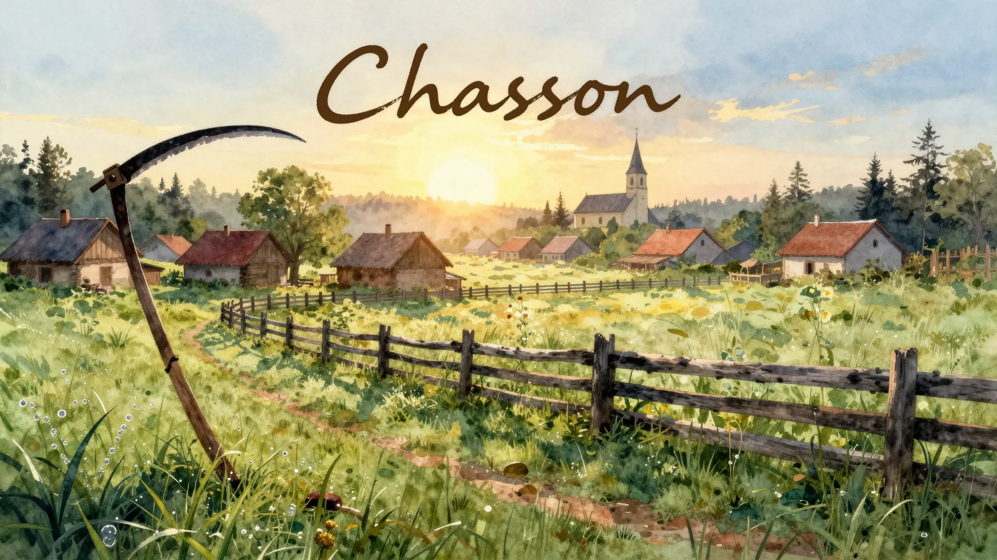Vibrant watercolor style. Chanson album cover: rustic villag...