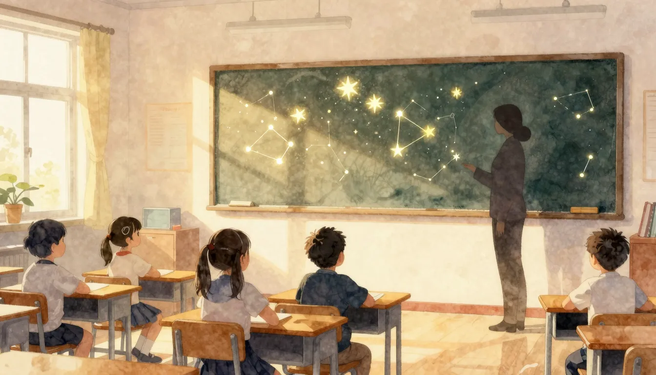 Watercolor style. A warm classroom bathed in golden sunlight...