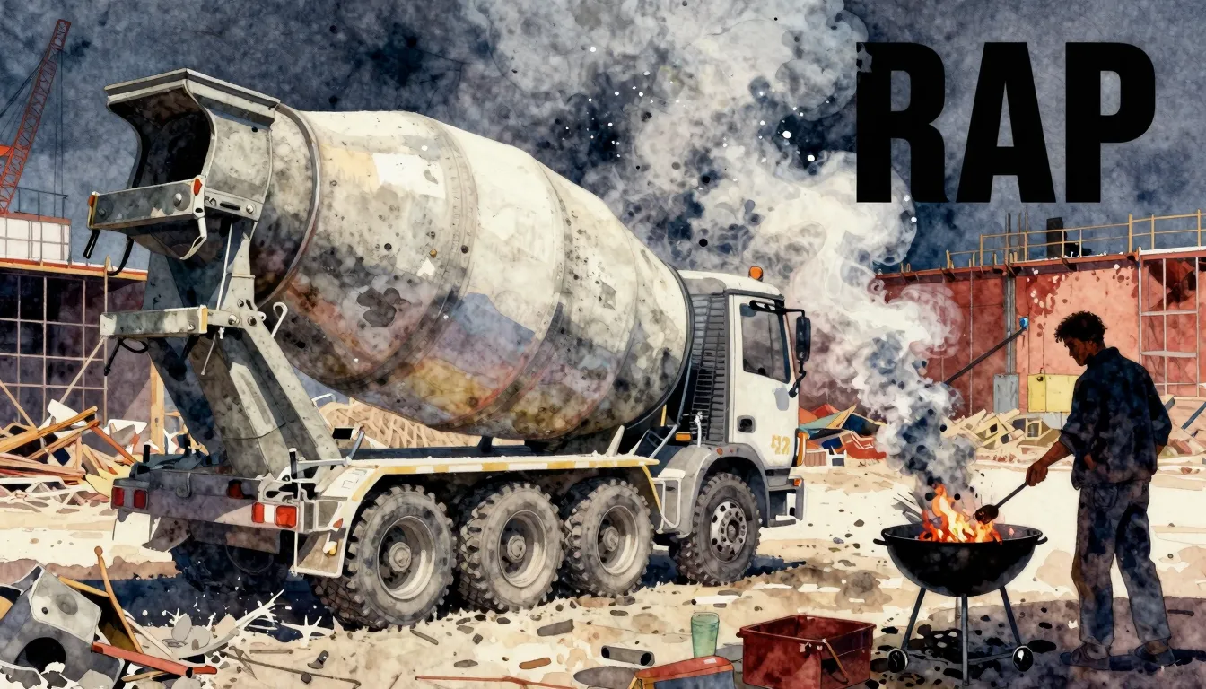 Vibrant watercolor style. Rap album cover, construction site...