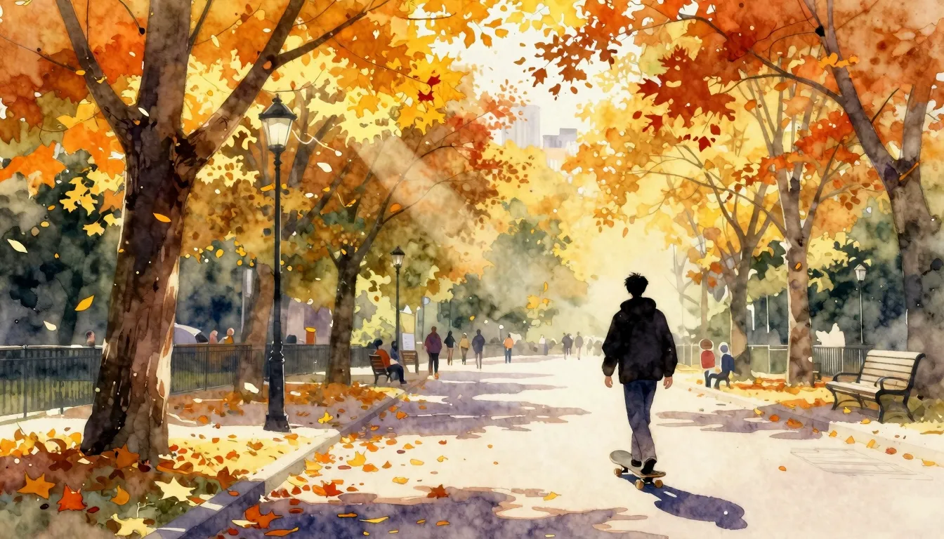 Watercolor style. A bright autumn park with golden leaves fa...