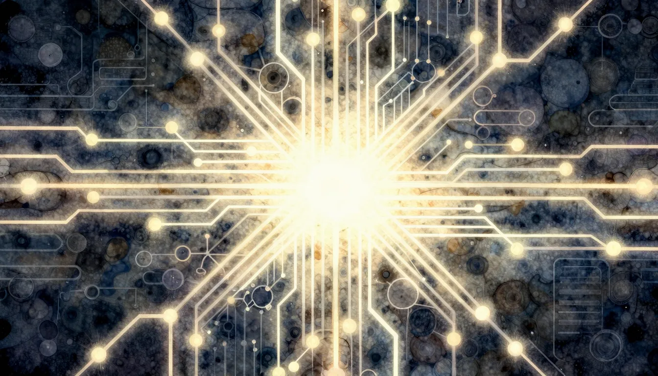 Watercolor style. An abstract image of a complex, glowing ne...