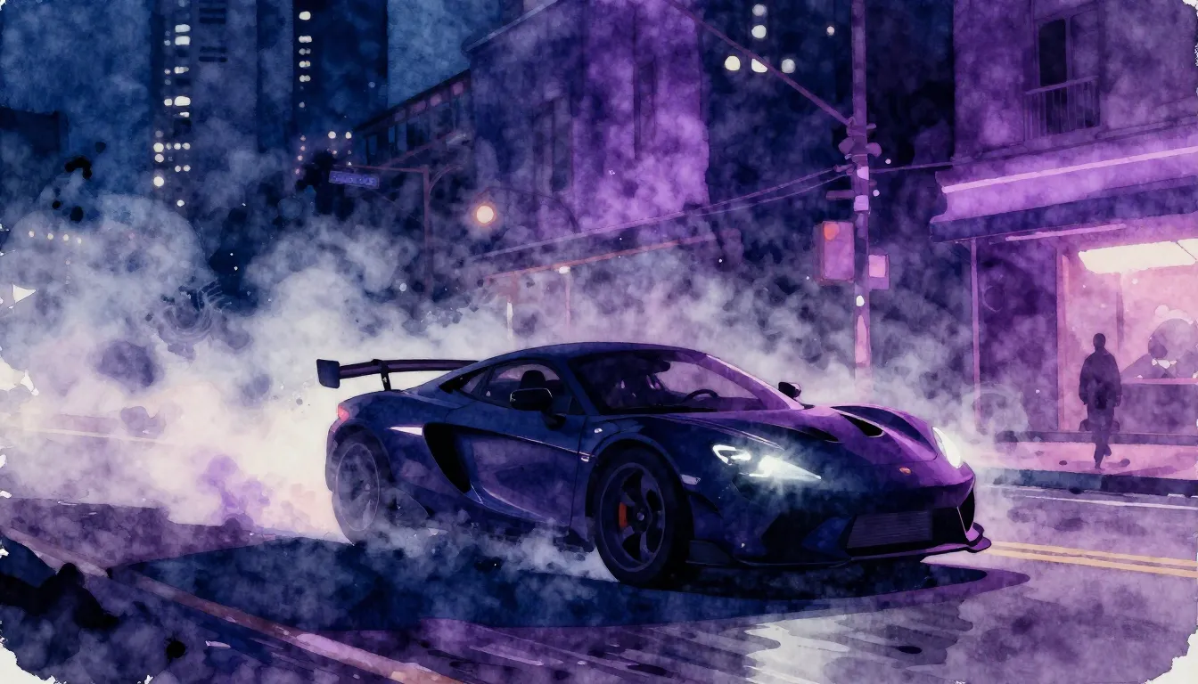 Watercolor style. Neon city street at night, silhouette of a...