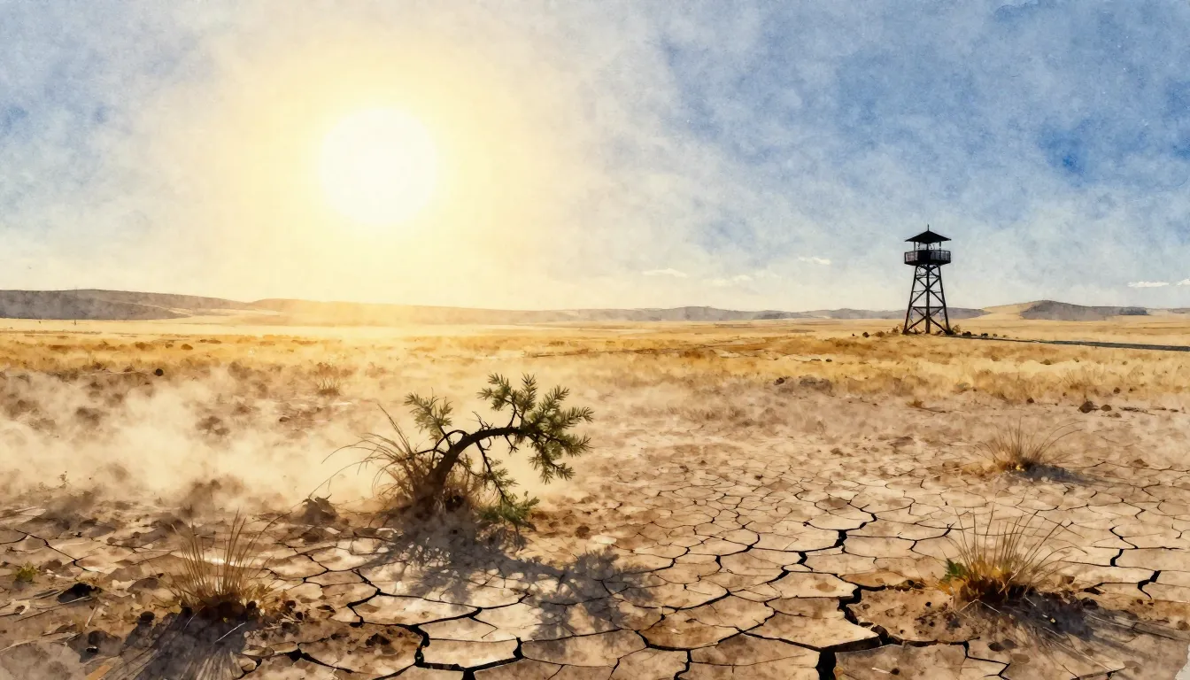 Watercolor style. Endless steppe landscape under a scorching...